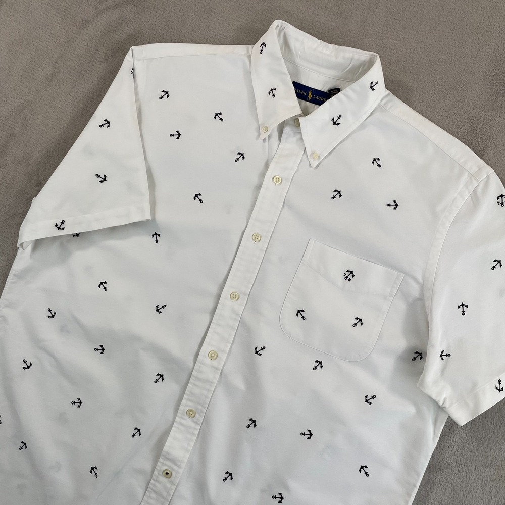 Polo Ralph Lauren Anchors Embroidered Shirt Men XL White Pocket Short Sleeve